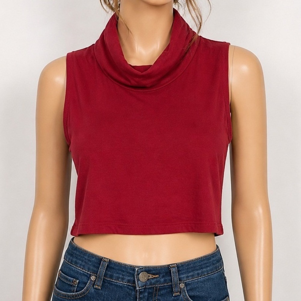 Tobi Womens Crop Top Burgundy Mock Neck Sleeveless Stretch Knit M
